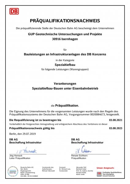 Präqualifikationsnachweis der Deutschen Bahn für GUP in Hannover